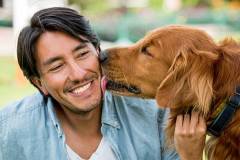 Portrait of a beautiful dog licking a happy man smiling outdoors